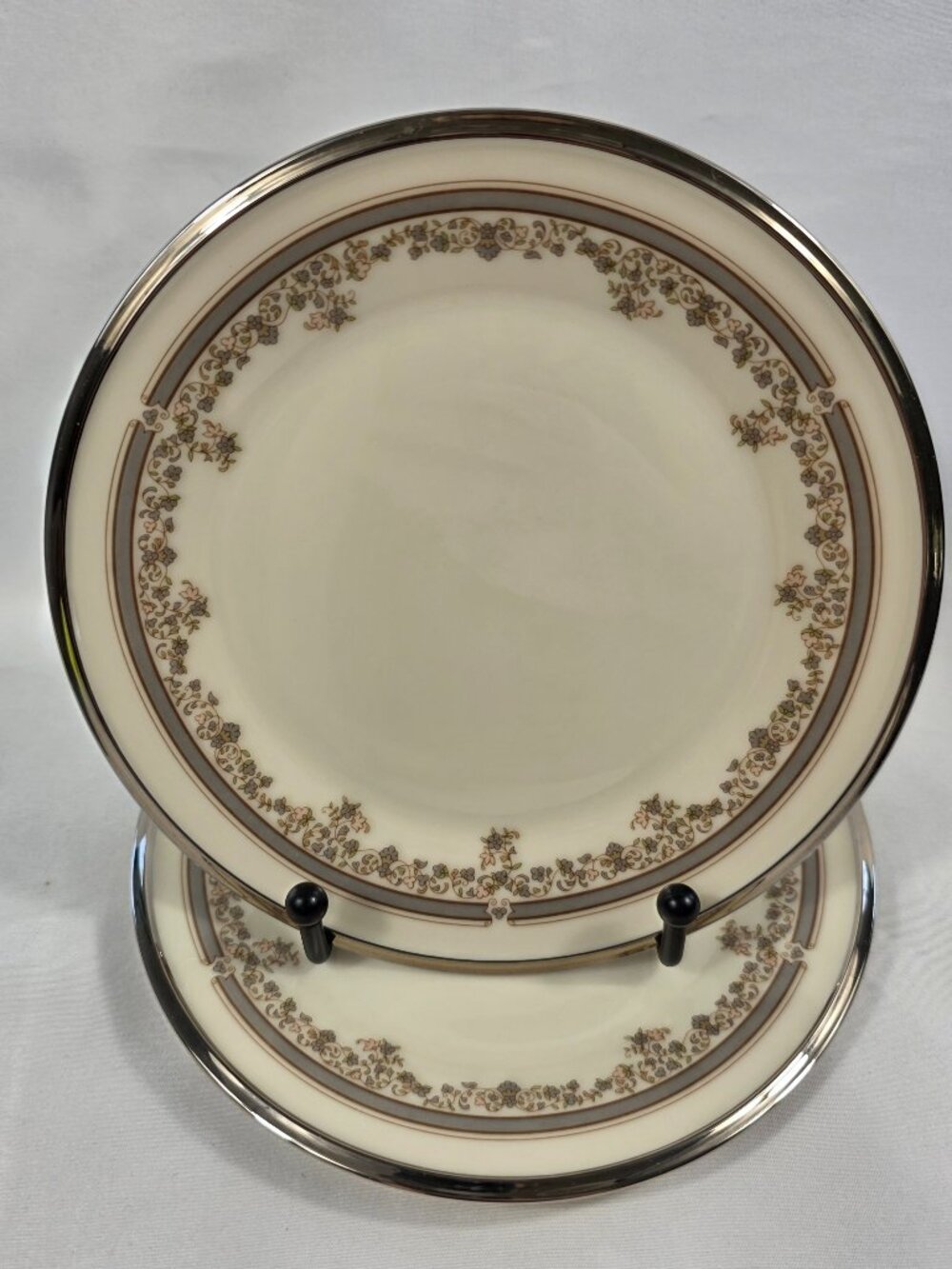 TWO Lenox Lace Point Bread Plates Gray & Pink Flowers Gray Band